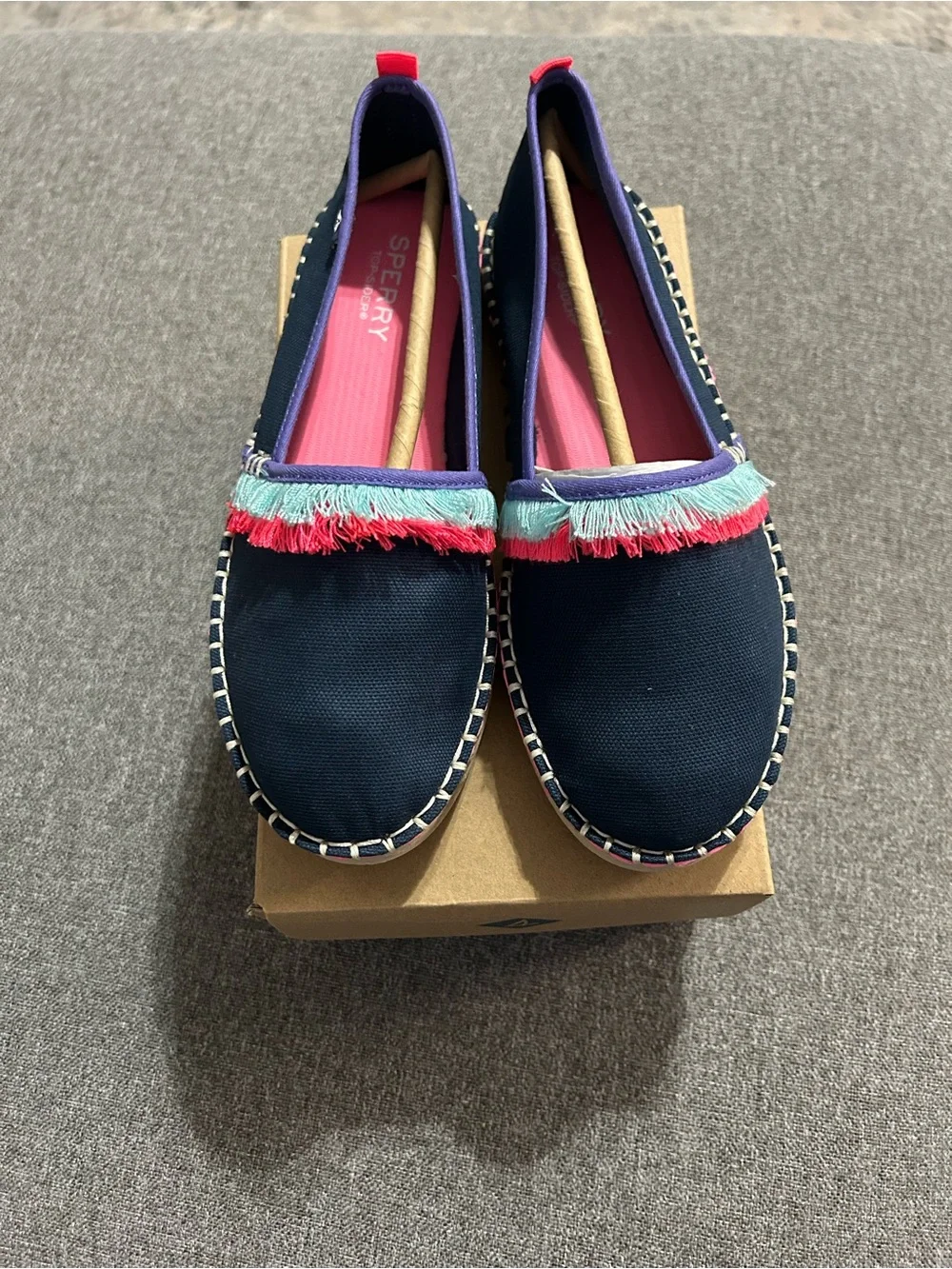 Sperry Navy Slip-On Flats with Pink & Aqua Fringe